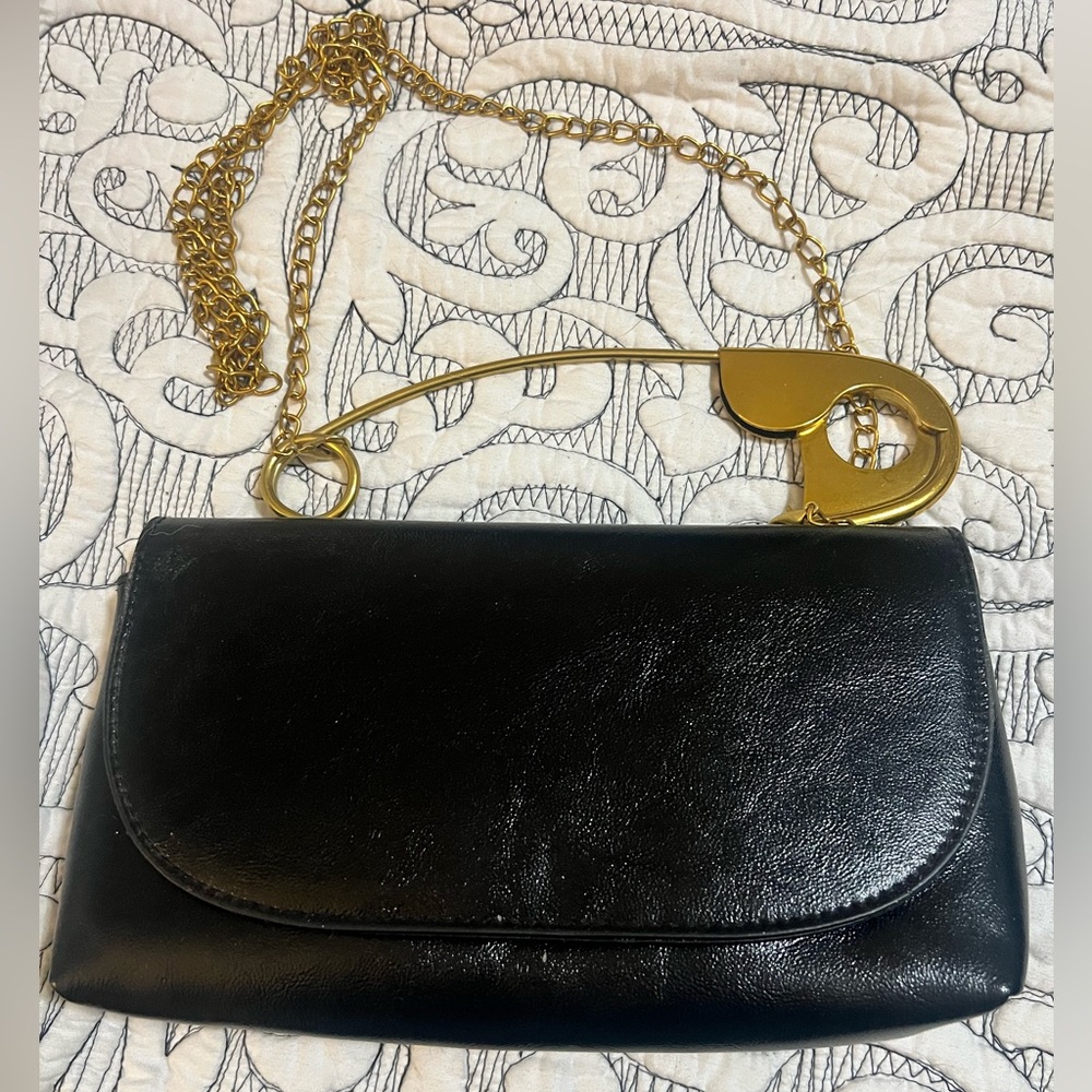 Black Faux Leather Shoulder Clutch with Gold Chain
